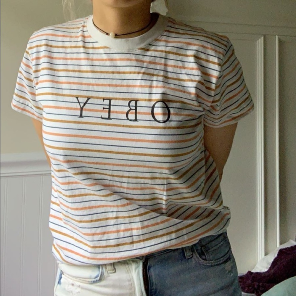Obey Novel Box White, Navy & Coral Stripe T-Shirt